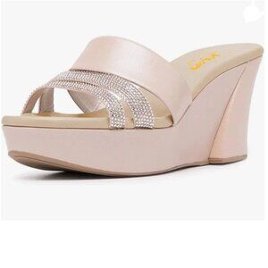XYD Nude Wedges Slide Sandals Platform Rhinestones Slip On Open Toe Mules